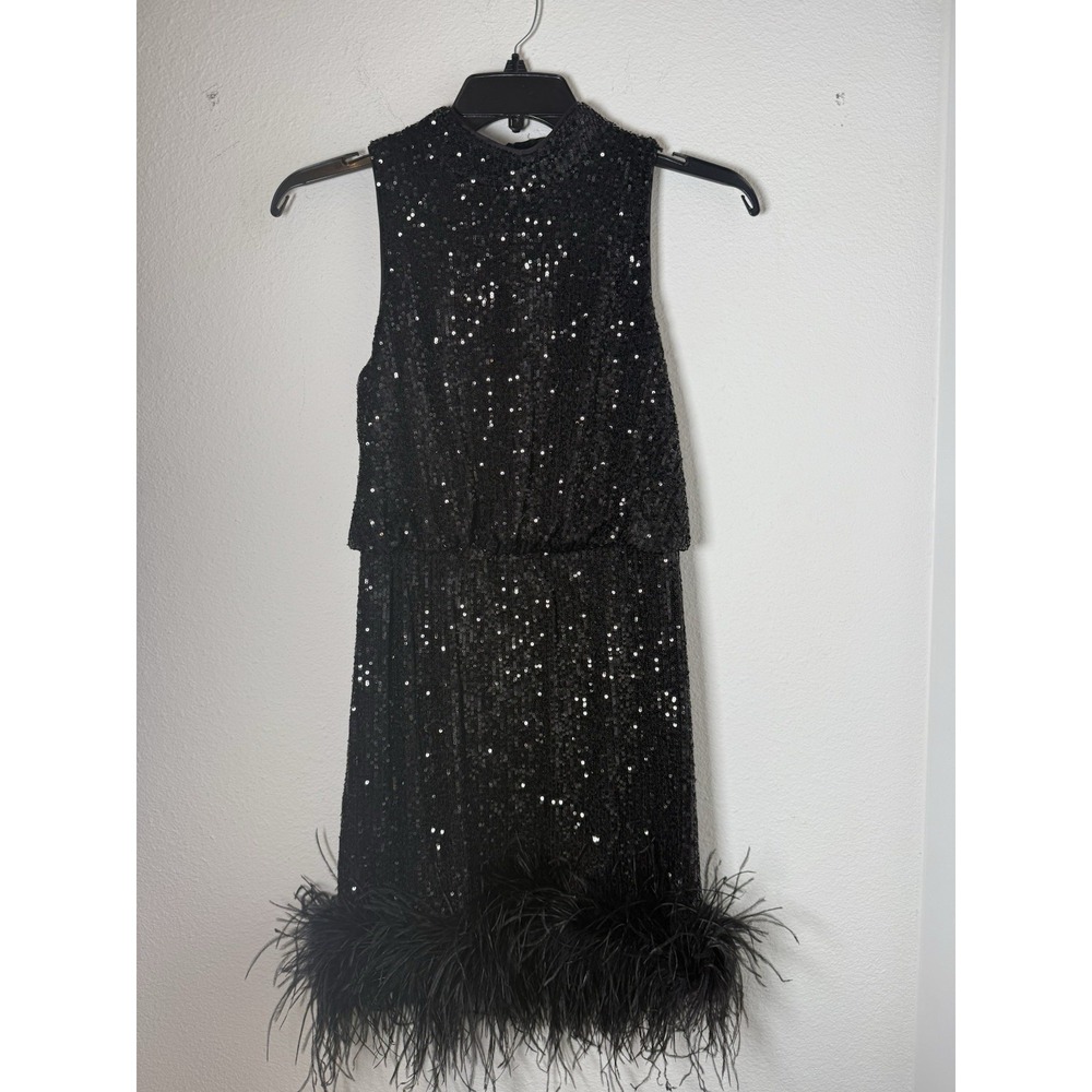 Eliza J Black Sequined Feathered Zippered Sleeveless Halter‎ Dress Size 8 Party - Picture 2 of 9